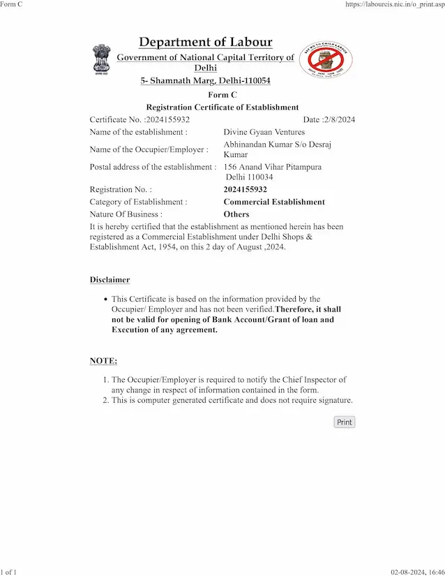 Shops and Establishment Registeration Form C Divine Gyaan
